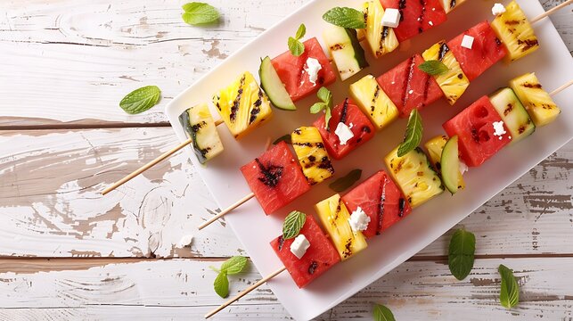 Grilled watermelon and pineapple fruit kabobs with feta Top view on a white wood background