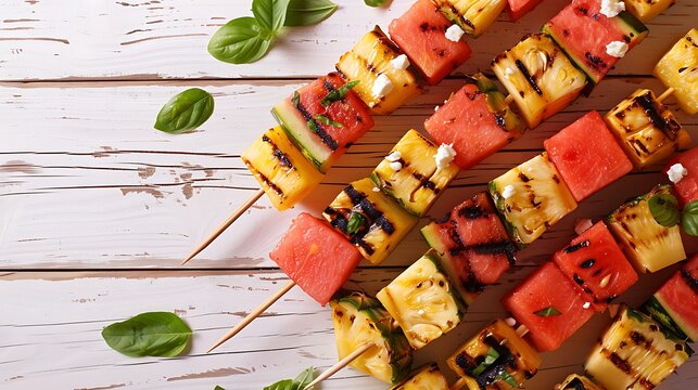 Grilled watermelon and pineapple fruit kabobs with feta Top view on a white wood background