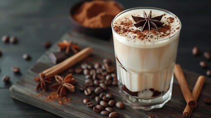 Latte Macchiato Coffee with Cinnamon, Chocolate and Coffee Beans