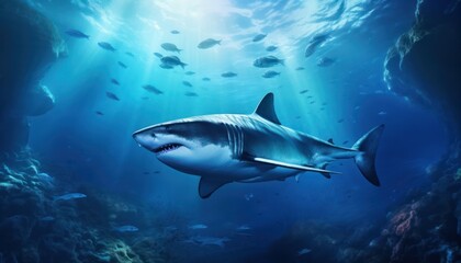 Great white shark in the ocean, portrait of White shark hunting prey in the underwater