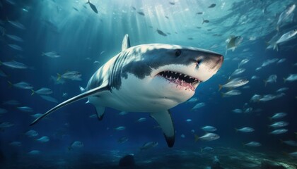 Fototapeta premium Great white shark in the ocean, portrait of White shark hunting prey in the underwater