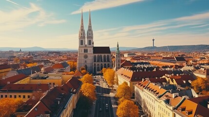 Aerial drone view of zagreb croatia historical city centre with multiple old buildings