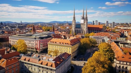Aerial drone view of zagreb croatia historical city centre with multiple old buildings