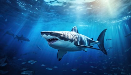 Fototapeta premium Great white shark in the ocean, portrait of White shark hunting prey in the underwater