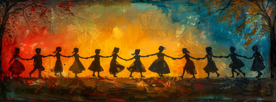 a party,silhoutte of boys and girls dancinig hand in hand with a neck scarf, full colour generative ai