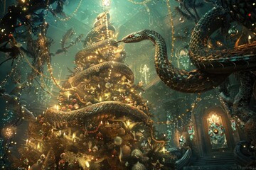 Fototapeta premium Python Entwined in Festive Christmas Tree Decorations with Warm Glowing Lights