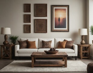 Inviting living room with a neutral color scheme, plush seating, stylish throw pillows, and a display of distinctive wall art frames