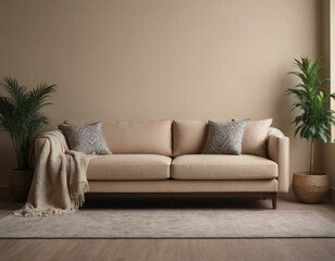 Modern living room with a cozy beige sofa, decorative pillows, throw blanket, and potted plants...