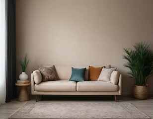 Contemporary minimalist living room with beige sofa, decorative pillows, indoor plants, and stylish area rug showcasing modern design