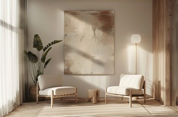 3d rendering,Tranquil Minimalist Living Room with Abstract Painting and Wooden Furniture 3d rendering	
