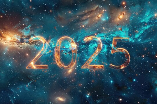 Galactic New Year Celebration: Golden 2025 Numerals amidst Vibrant Cosmic Backdrop