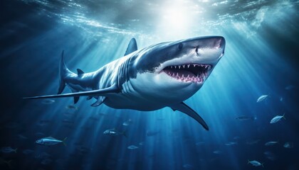 Naklejka premium Great white shark in the ocean, portrait of White shark hunting prey in the underwater