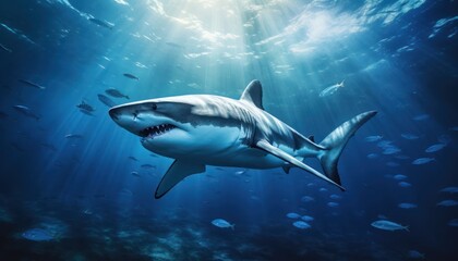 Great white shark in the ocean, portrait of White shark hunting prey in the underwater
