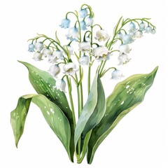 The image shows a watercolor painting of lily of the valley flowers