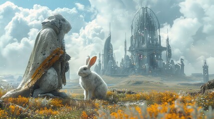 Futuristic Bonding of Rune Priest and Cybernetic Rabbit in Mystical Digital Composition