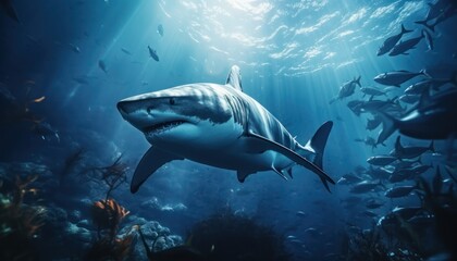 Fototapeta premium Great white shark in the ocean, portrait of White shark hunting prey in the underwater