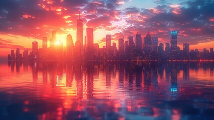 Fototapeta premium Futuristic cityscape at dusk with neon lights reflecting on sleek skyscrapers