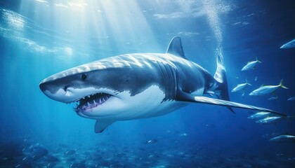Fototapeta premium Great white shark in the ocean, portrait of White shark hunting prey in the underwater