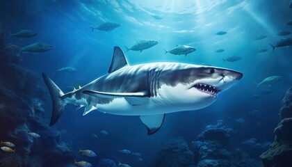 Fototapeta premium Great white shark in the ocean, portrait of White shark hunting prey in the underwater