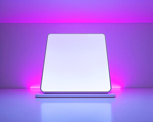 A bright, minimalistic setting featuring a large standing tablet displaying a vibrant neon blue holographic 3D heart, laid on a white table within a clean, white room