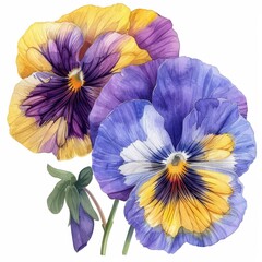 Two watercolor pansies, purple and yellow, with green leaves, on a white background.