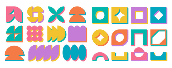Geometric bold cartoon element set, basic decorative swiss aesthetic icon collection, trendy brutalism silhouette form in vintage illustration 80s style, modern retro brutalist figure design bundle