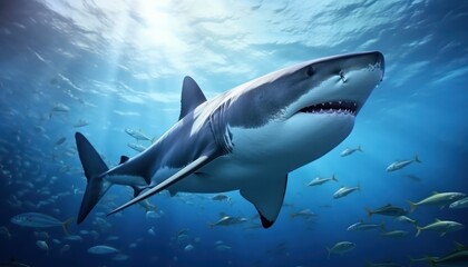 Fototapeta premium Great white shark in the ocean, portrait of White shark hunting prey in the underwater