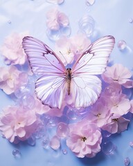 levitating butterfly surrounded with floating flower petals, light lavender pastel color background, professional studio photography, hyperrealistic, minimalism, negative space, high detailed, sharp f