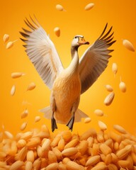 Fototapeta premium levitating goose surrounded with floating corn kernels, light tangerine pastel color background, professional studio photography, hyperrealistic, minimalism, negative space, high detailed, sharp focus