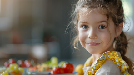 Cute child girl eats healthy food at kindergarten