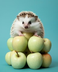 levitating hedgehog surrounded with floating apple slices, light turquoise pastel color background, professional studio photography, hyperrealistic, minimalism, negative space, high detailed, sharp fo