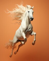 levitating horse surrounded with floating carrot sticks, light vanilla pastel color background, professional studio photography, hyperrealistic, minimalism, negative space, high detailed, sharp focus