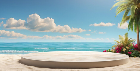 3D Podium design with Summer sea Beach background of tropical design product placement display