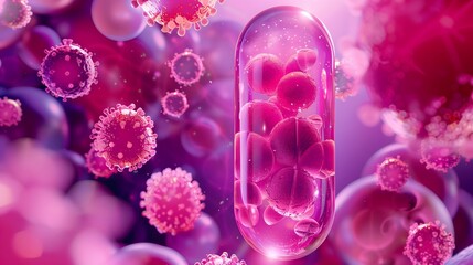 Fototapeta premium a medicine capsule suspended in mid-air with various viruses encircling it. The scene symbolizes the struggle between medicine and disease. 