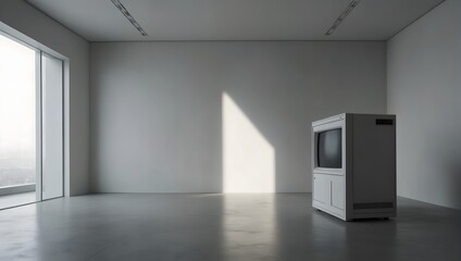  In a stark room, a solitary computer hums against a backdrop of pure white ai_generated