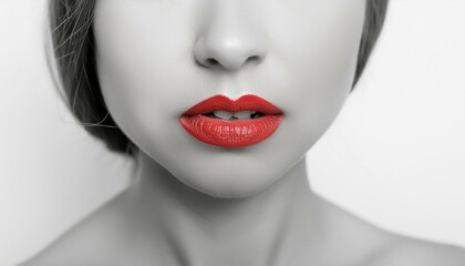 Fototapeta premium モノクロの肌に映える誘惑の赤い唇、官能的な魅力に酔いしれる