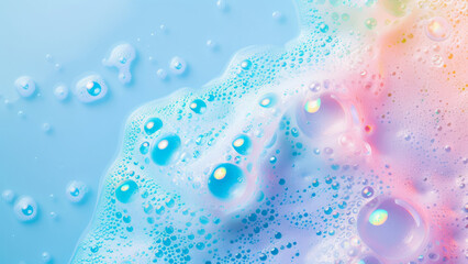 Shampoo or soap foam/suds with bubbles. Horizontal banner, template for advertising with space for text.