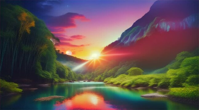 ฺBeautiful 3D map of land, river - high angle. World showing the earth surface, texture of green forest, river from above