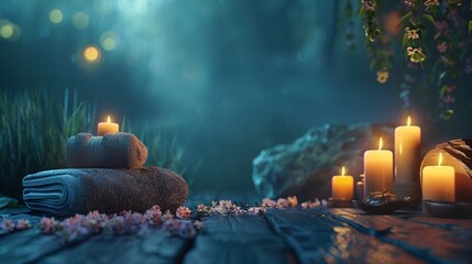 Moody picture of a zen inspired spa scene with candles on a dark background