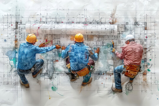 Blue watercolor paint of engineers work on blue print at project site