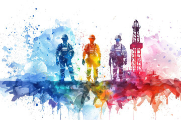 Colorful watercolor paint of engineers working on offshore oil and gas drilling