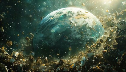 Fototapeta premium A chilling scene of Earth being bombarded with trash from space, covering continents with waste