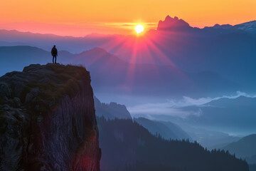 a man stands on a cliff overlooking a mountain landscape and the sun is setting over the mountains