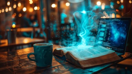A modern coffee shop scene with a laptop open next to a vintage book with cracked pages. Knowledge streams upwards from the book in a neon blue aura, blending with the warm glow of the cafe lights. 