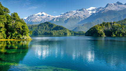 a lake with snow capped mountains in the background