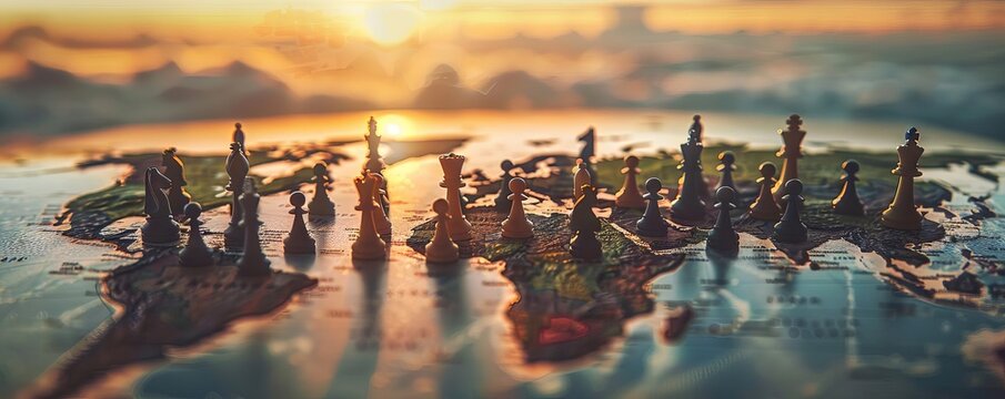 A clever photo manipulation of people as chess pieces on a world map board, strategizing about global population management