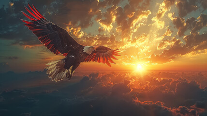 American flag waving in the wind with a majestic bald eagle flying in the foreground,generative ai