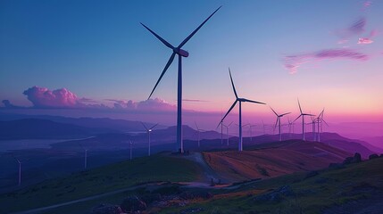 Wind turbines on a hill at sunset with vibrant pink and purple sky.
