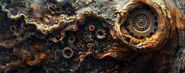 A conceptual art piece showing gears meshing together within the trunk of an ancient tree, representing the fusion of nature and machine