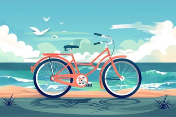 Fototapeta premium Summer bike rides photo flat design side view exploration theme cartoon drawing Analogous Color Scheme